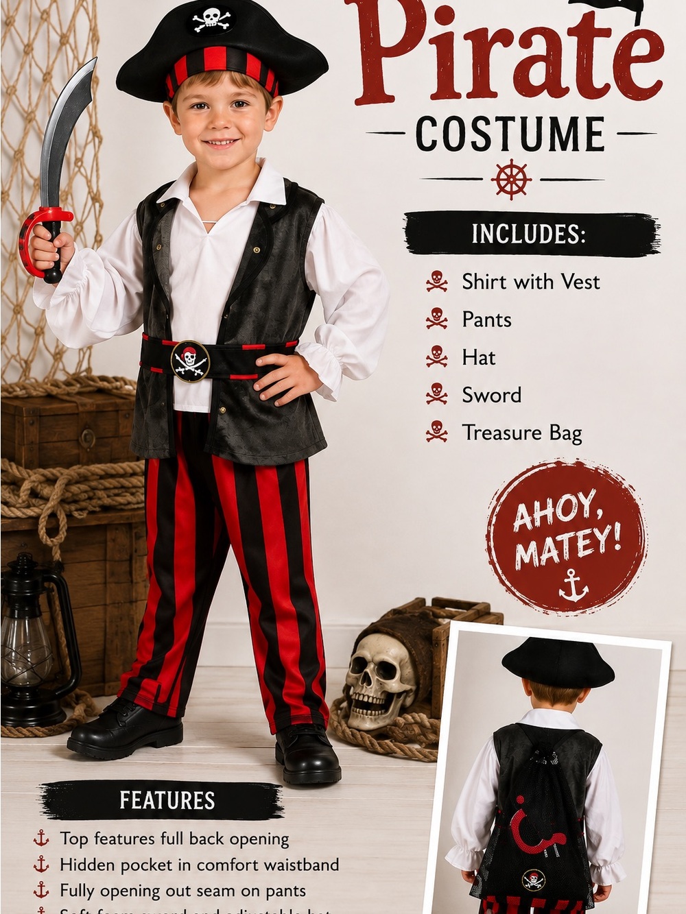 Kids Pirate Dress-Up Costume with Red & Black Striped Pants